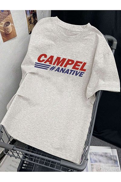 MODARİCH تي شيرت Campel - رمادي مطبوع كبير الحجم برقبة دائرية وأكمام قصيرة فضفاضة