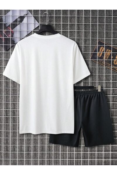 MODARİCH Keep Smiling Combed Cotton T-shirt and Crew Neck Oversize Shorts - White Black Set
