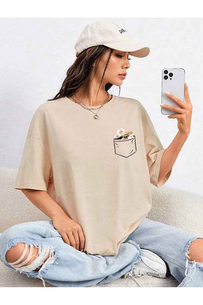 MODARİCH T-Shirt με σχέδιο λουλουδιών τσέπης - Μπεζ εμπριμέ Oversize Crew λαιμόκοψη κοντό μανίκι φαρδύ