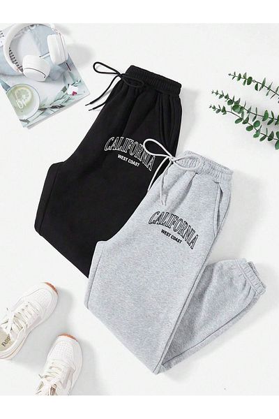 Mythologie 2 Πακέτα California Colorful Sweatpants Jogger - Μαύρο γκρι εμπριμέ ψηλόμεσο καλοκαιρινό λαστιχένιο πόδι