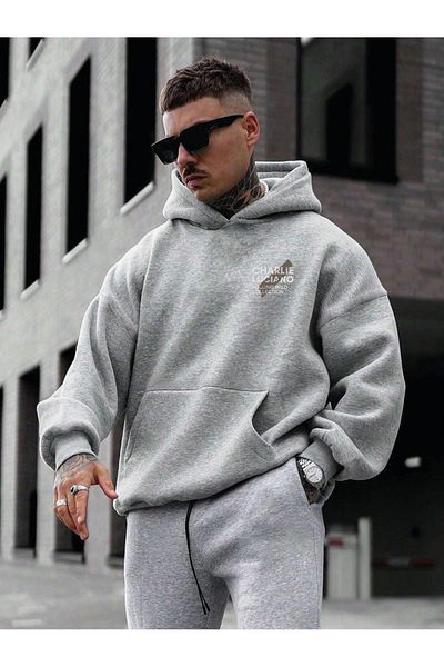 MODARİCH Зимен суитшърт Charlie Luciano Design - сив с щампа и голяма повдигната качулка