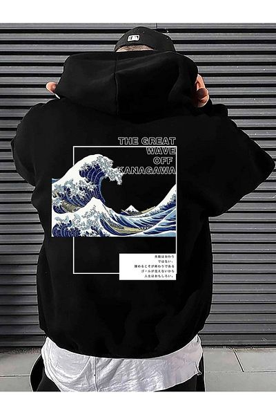 MODARİCH Kanagawa Wave Sweatshirt - Black Printed Oversize Ribbon Hoodie