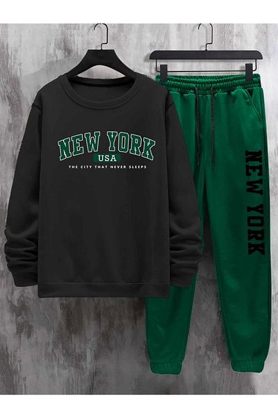 MODARİCH New York διπλό εμπριμέ πράσινο Jogger μαύρο φούτερ στο κάτω επάνω μέρος σετ φόρμας Oversize Crew Neck