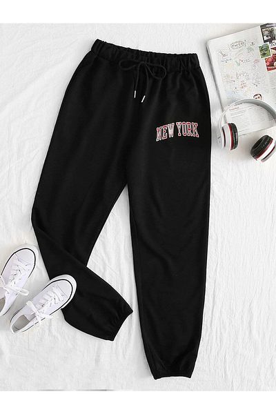 Mythologie New York Sweatpants Jogger - Μαύρο εμπριμέ λαστιχένιο πόδι ψηλόμεσο χειμώνα