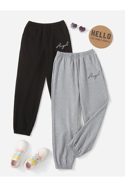Mythologie 2 Pack Angel Written Sweatpants Jogger - Γκρι μαύρο εμπριμέ ψηλόμεσο καλοκαιρινό λαστιχένιο πόδι