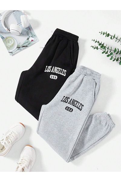 Mythologie 2 Πακέτα Los Angeles USA Sweatpants Jogger - Μαύρο και γκρι εμπριμέ λαστιχένιο πόδι ψηλόμεσο καλοκαίρι