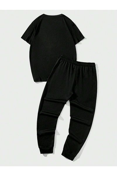 Mythologie King Sweatpants and T-shirt - Μαύρο Jogger T-Shirt Bottom Top Σετ φόρμας Oversize Crew Neck