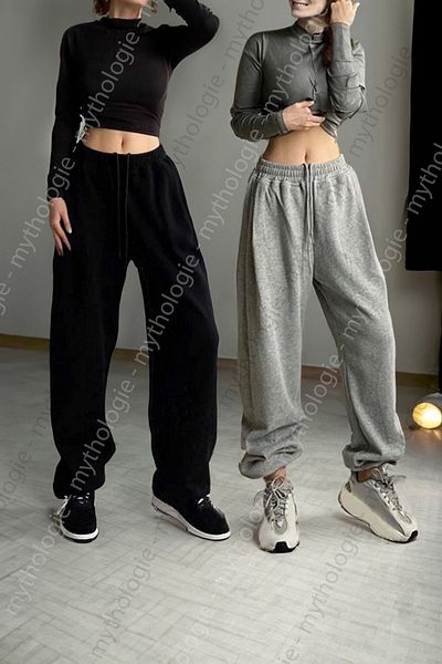 Mythologie 2-Piece Straight Basic Sweatpants Jogger - Black Gray Rubber Leg High Waist Summer