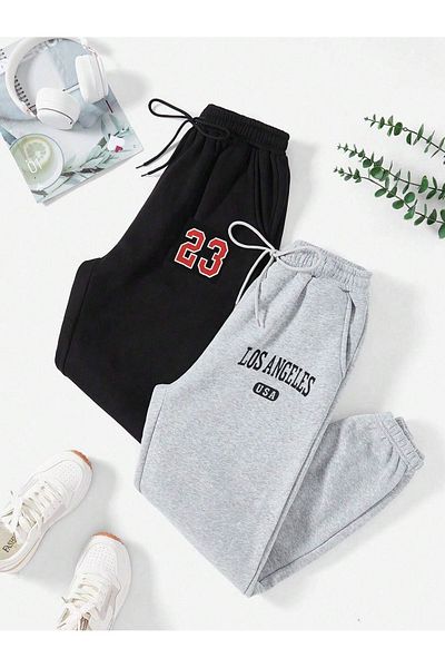 Mythologie 2 Πακέτο Los Angeles 23 Sweatpants Jogger - Μαύρο γκρι εμπριμέ ψηλόμεσο καλοκαιρινό λαστιχένιο πόδι