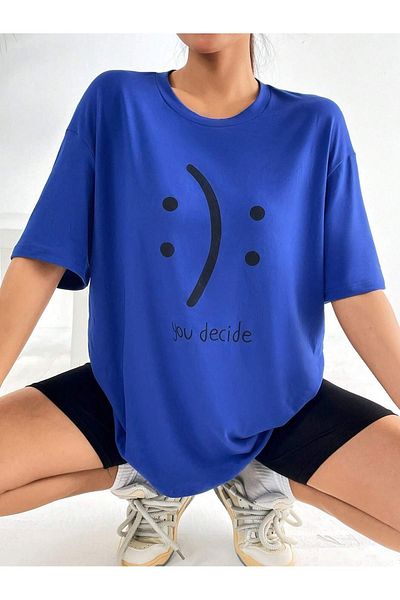 Mythologie Μπλουζάκι Decide Smile - Sax Blue Printed Oversize Crew Neck με κοντό μανίκι