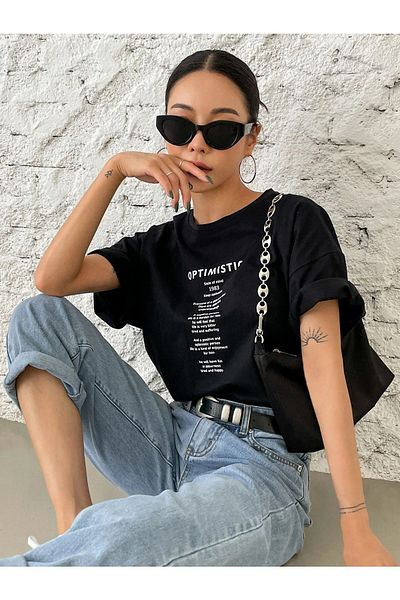 Mythologie Optimistic T-shirt - Μαύρο, εμπριμέ, Oversize, Crew Neck, Κοντό μανίκι