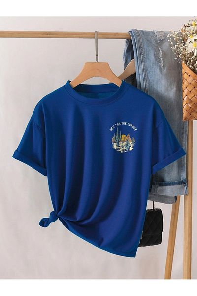 Mythologie Μπλουζάκι Sunshine Arizona - Sax Blue Printed Oversize Crew Neck με κοντό μανίκι