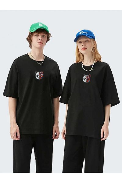 Mythologie Μπλουζάκι Panda Design Double Couple Lover Combination 2 τεμαχίων - Μαύρο, εμπριμέ, Oversize, Crew Neck