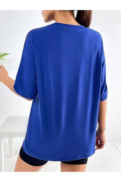 Mythologie Μπλουζάκι Decide Smile - Sax Blue Printed Oversize Crew Neck με κοντό μανίκι
