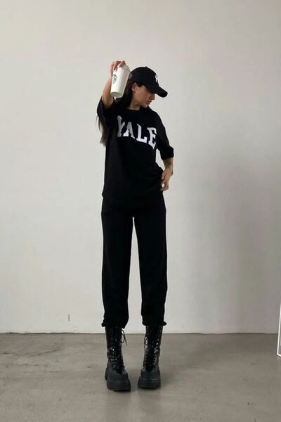 Mythologie Yale T-shirt Sweatpants Jogger - Σετ φόρμας με μαύρη στάμπα Oversize Crew Neck