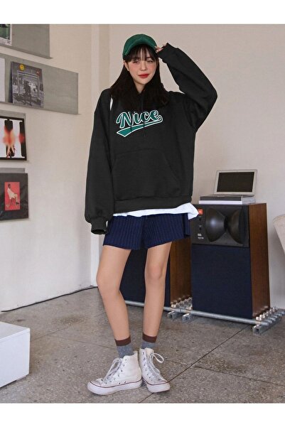 MODARİCH Nice Sweatshirt - Black Printed Oversize Ribbon Hoodie
