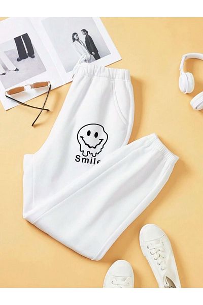 Mythologie Ψηλόμεσο ελαστικό πόδι Smile Emoji Jogger Sweatpants - Λευκό εμπριμέ χειμώνα