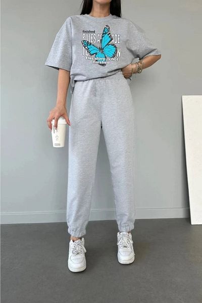 Mythologie Rules Butterfly T-shirt Sweatpants Jogger - Σετ φόρμας με γκρι στάμπα Oversize Crew Neck