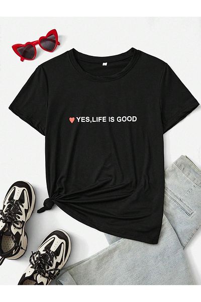 Mythologie Тениска Life Is Good - Черна с щампа и къс ръкав с кръгло деколте