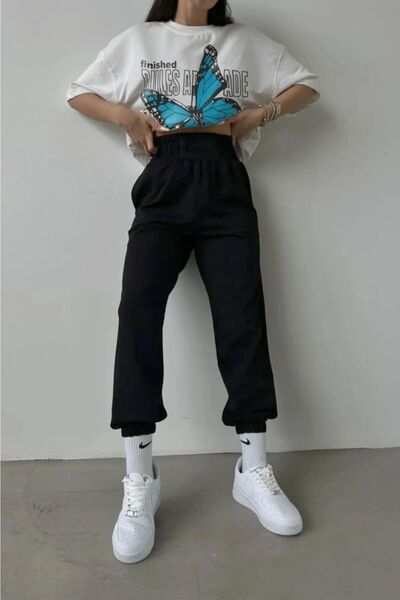 Mythologie Κανόνες Butterfly T-shirt Sweatpants Jogger - Λευκό Μαύρο εμπριμέ κοστούμι αθλητικής φόρμας Oversize Crew Neck