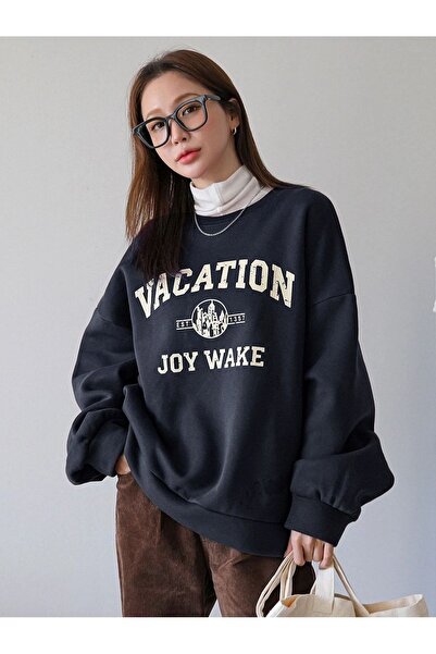 MODARİCH Vacition Sweatshirt - Lacivert Baskılı Oversize Şardonlu Bisiklet Yaka