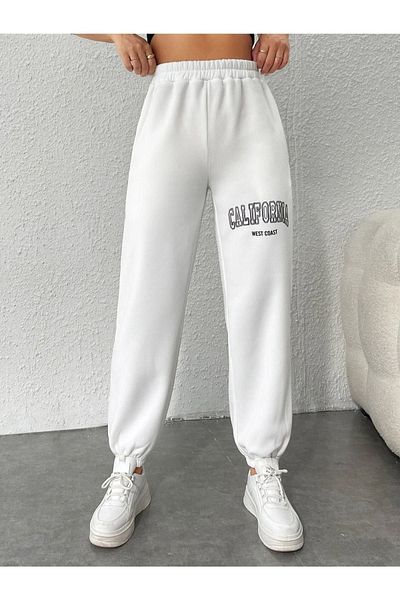 Mythologie Καλιφόρνια Printed Jogger Sweatpants - Λευκό ελαστικό ψηλόμεσο χειμώνα με τσέπες στα πόδια