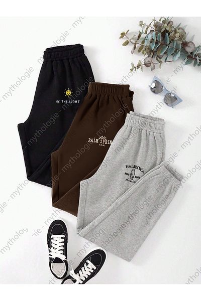 Mythologie Παντελόνι Jogger 3 τεμαχίων Sun Light Printed - Μαύρο καφέ γκρι λαστιχένιο πόδι ψηλόμεσο καλοκαίρι