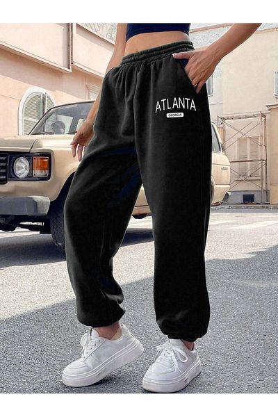 Mythologie Atlanta Georgia Sweatpants Jogger - Μαύρο εμπριμέ λαστιχένιο πόδι ψηλόμεσο χειμώνα