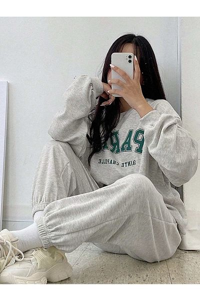 MODARİCH Paris Sweatshirt Sweatpants Jogger - Gray Printed Bottom Top Tracksuit Set Crew Neck