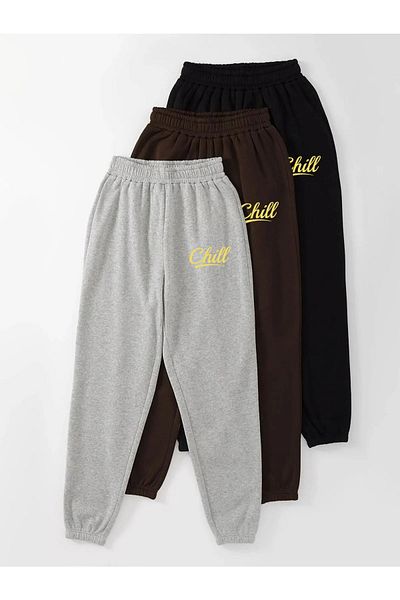 Mythologie Chill 3-pack Jogger Sweatpants - Μαύρο γκρι και καφέ εμπριμέ λαστιχένιο πόδι ψηλόμεσο καλοκαίρι