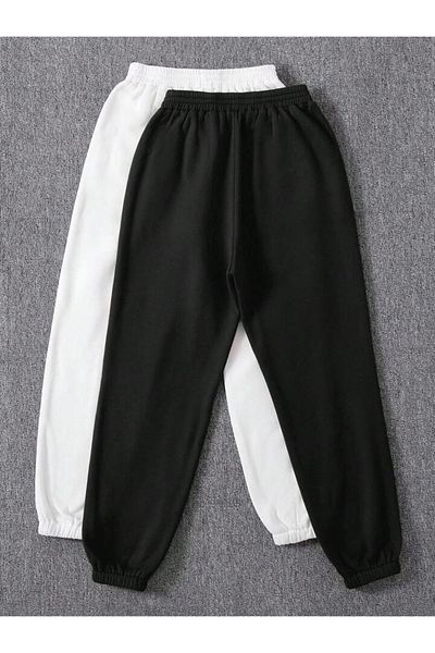 Mythologie 2 Πακέτο Emoji Smile Sweatpants Jogger - Μαύρο και άσπρο εμπριμέ λαστιχένιο πόδι ψηλόμεσο καλοκαίρι