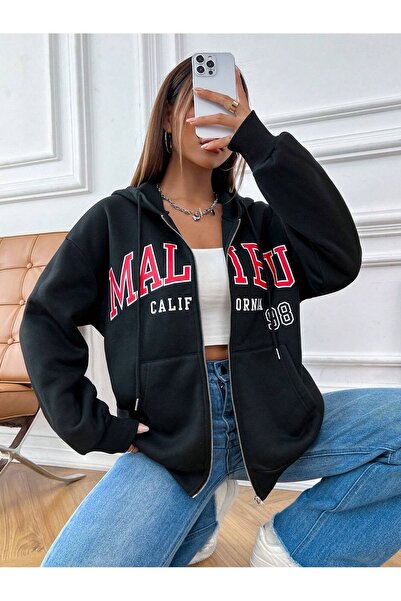 MODARİCH Malibu California 98 Hırka Sweatshirt - Siyah Baskılı Kışlık Oversize Kapüşonlu Fermuarlı Hırka