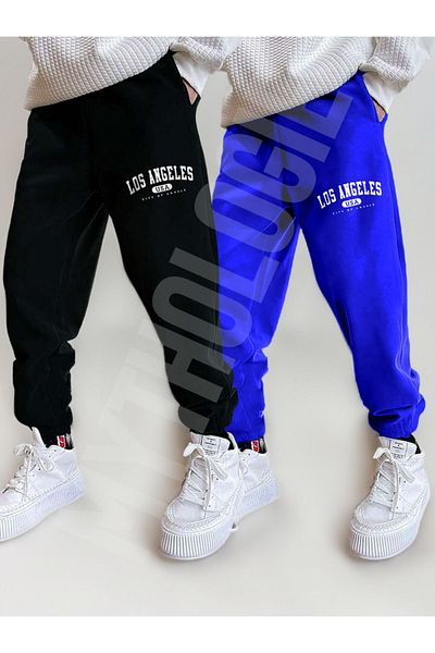 Mythologie 2 Πακέτο Los Angeles Usa Sweatpants Jogger - Μαύρο και μπλε σαξό εμπριμέ λαστιχένιο πόδι ψηλόμεσο καλοκαίρι