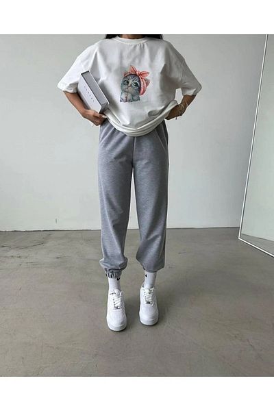 Mythologie Cat T-shirt Sweatpants Jogger - Λευκό γκρι εμπριμέ σετ φόρμας Oversize Crew Neck