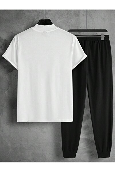 Mythologie Σετ μπλουζάκι και φούτερ Balance Stripe - Λευκό Μαύρο, Oversize Crew Neck, Jogger T-shirt