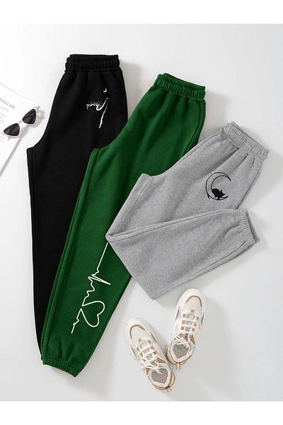 Mythologie Φούτερ Jogger με στάμπα 3 τεμαχίων Cat And Moon - Μαύρο Nefti Green Grey Rubber Leg Normal Waist