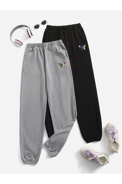 Mythologie 2 Πακέτα Colorful Butterfly Sweatpants Jogger - Γκρι μαύρο εμπριμέ ψηλόμεσο καλοκαιρινό λαστιχένιο πόδι