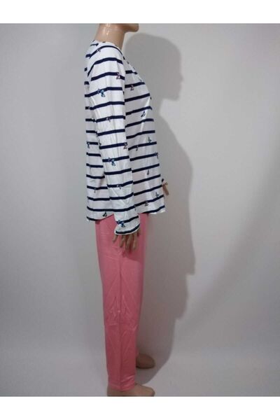 VİENETTA Жіночий темно-синій пудровий комплект піжами з круглим коміром, довгими рукавами, овальним подолом та бавовняним принтом метеликів.