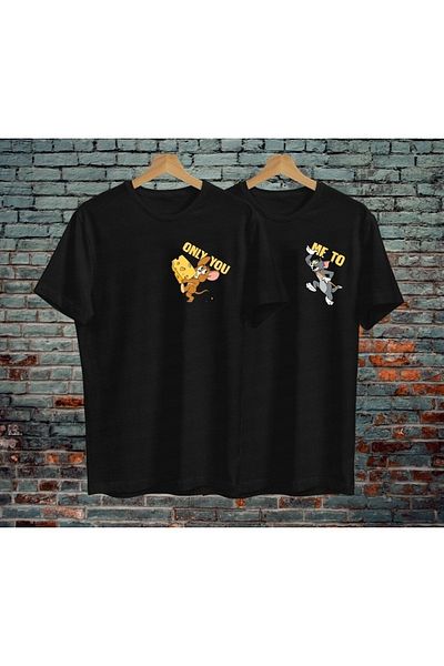 Mythologie Tome Jerry Design Couple Lover Combination T-Shirt - Μαύρο εμπριμέ κοντό μανίκι με λαιμόκοψη