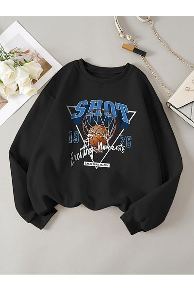 MODARİCH Basketball Shot 1976 Sweatshirt - Black Printed Oversize Ribbed Crew Neck