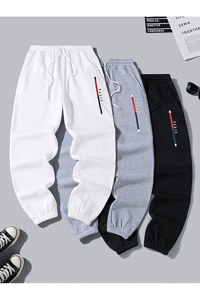 Mythologie Φούτερ Jogger 3 τεμαχίων Paris Line Printed - Λευκό Γκρι Μαύρο Λαστιχένιο Πόδι Ψηλόμεσο Καλοκαίρι