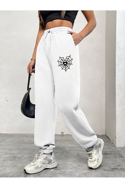 Mythologie Spider Web Sweatpants Jogger - Λευκό εμπριμέ λαστιχένιο πόδι ψηλόμεσο χειμώνα