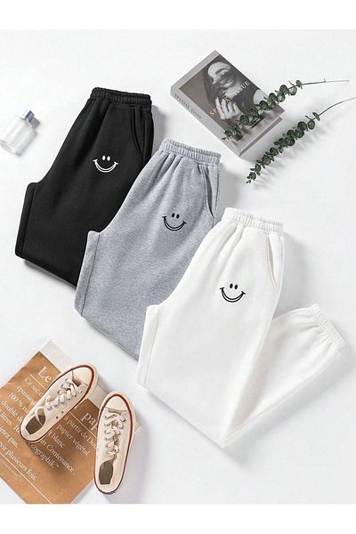 Mythologie 3-Pece Smiling Mouths Printed Jogger Sweatpants - Μαύρο και άσπρο γκρι λαστιχένιο πόδι ψηλόμεσο καλοκαίρι