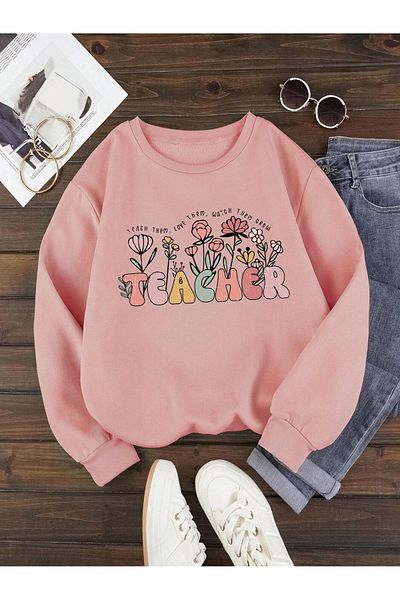 MODARİCH Teacher Love Winter Thick Sweatshirt - Dusty Pink Printed Oversize Crew Neck