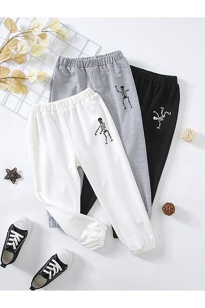 Mythologie 3-Pece Skeletons Sweatpants Jogger - Λευκό Γκρι Μαύρο εμπριμέ λαστιχένιο πόδι ψηλόμεσο καλοκαίρι