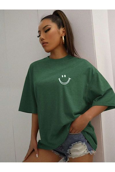Mythologie T-Shirt με λογότυπο Smile - Nefti Green Printed Oversize Crew Neck με κοντό μανίκι