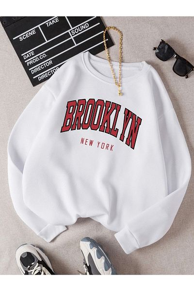 MODARİCH Brooklyn New York Λευκό χοντρό φούτερ με στάμπα Oversize