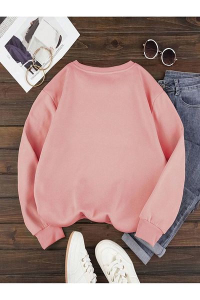 MODARİCH Teacher Love Winter Thick Sweatshirt - Dusty Pink Printed Oversize Crew Neck