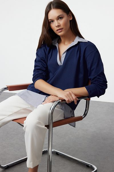 Trendyol Collection Navy Blue Striped Comfortable Polo Blouse with Poplin Detail - TWOAW25BZ00032