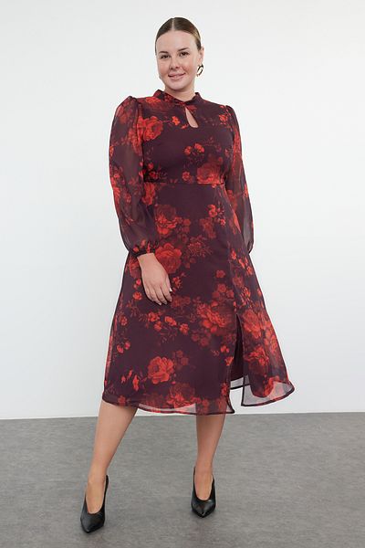 Trendyol Curve Burgunderrotes Chiffon-Midikleid – Blumenmuster, gefüttert und geschlitzt